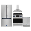 Gordon Ramsay by Thor Kitchen 4-Piece Appliance Package -  30-Inch Electric Range,  Wall Mount Range Hood, 36-Inch French Door Refrigerator, and Dishwasher in Stainless Steel with Blue Trim