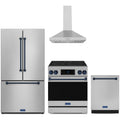 Gordon Ramsay by Thor Kitchen 4-Piece Appliance Package -  30-Inch Electric Range,  Wall Mount Range Hood, 36-Inch French Door Refrigerator, and Dishwasher in Stainless Steel with Blue Trim