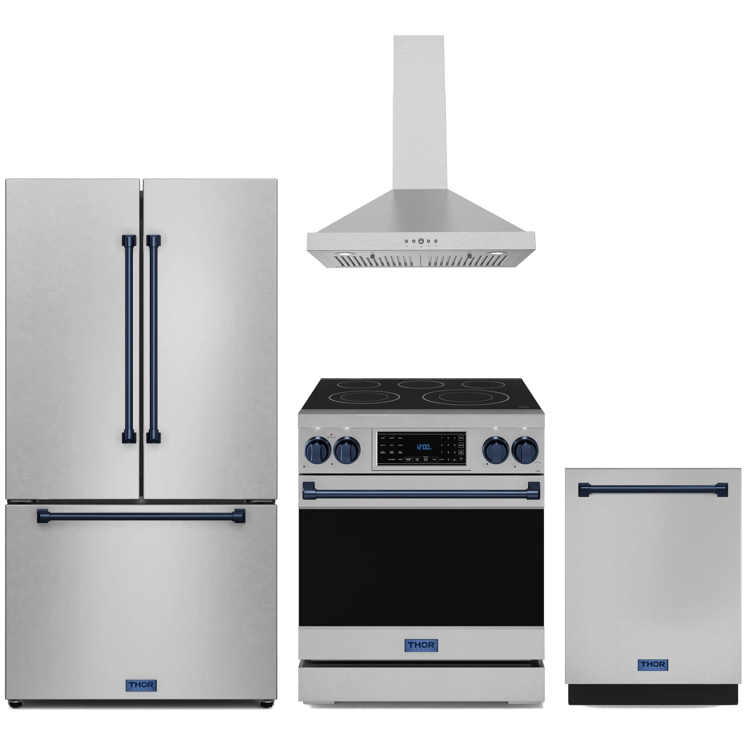 Stainless appliance package with blue trim: range, wall hood, French-door refrigerator, dishwasher