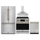 Gordon Ramsay by Thor Kitchen 4-Piece Appliance Package -  30-Inch Electric Range,  Wall Mount Range Hood, 36-Inch French Door Refrigerator, and Dishwasher in Stainless Steel with Bronze Trim