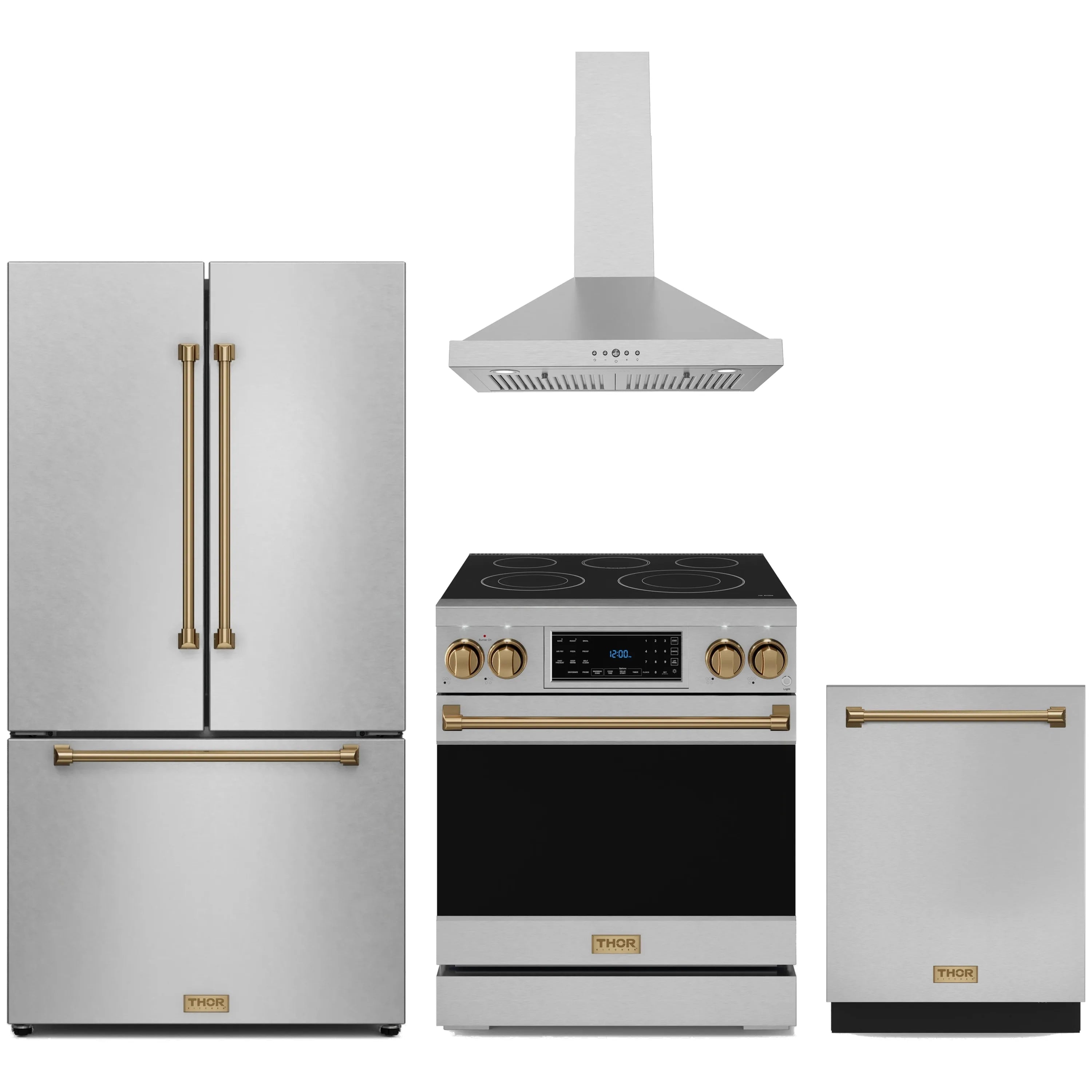 Stainless appliance package with bronze trim: wall hood, electric range, refrigerator, dishwasher