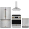 Gordon Ramsay by Thor Kitchen 4-Piece Appliance Package -  30-Inch Electric Range,  Wall Mount Range Hood, 36-Inch French Door Refrigerator, and Dishwasher in Stainless Steel with Bronze Trim