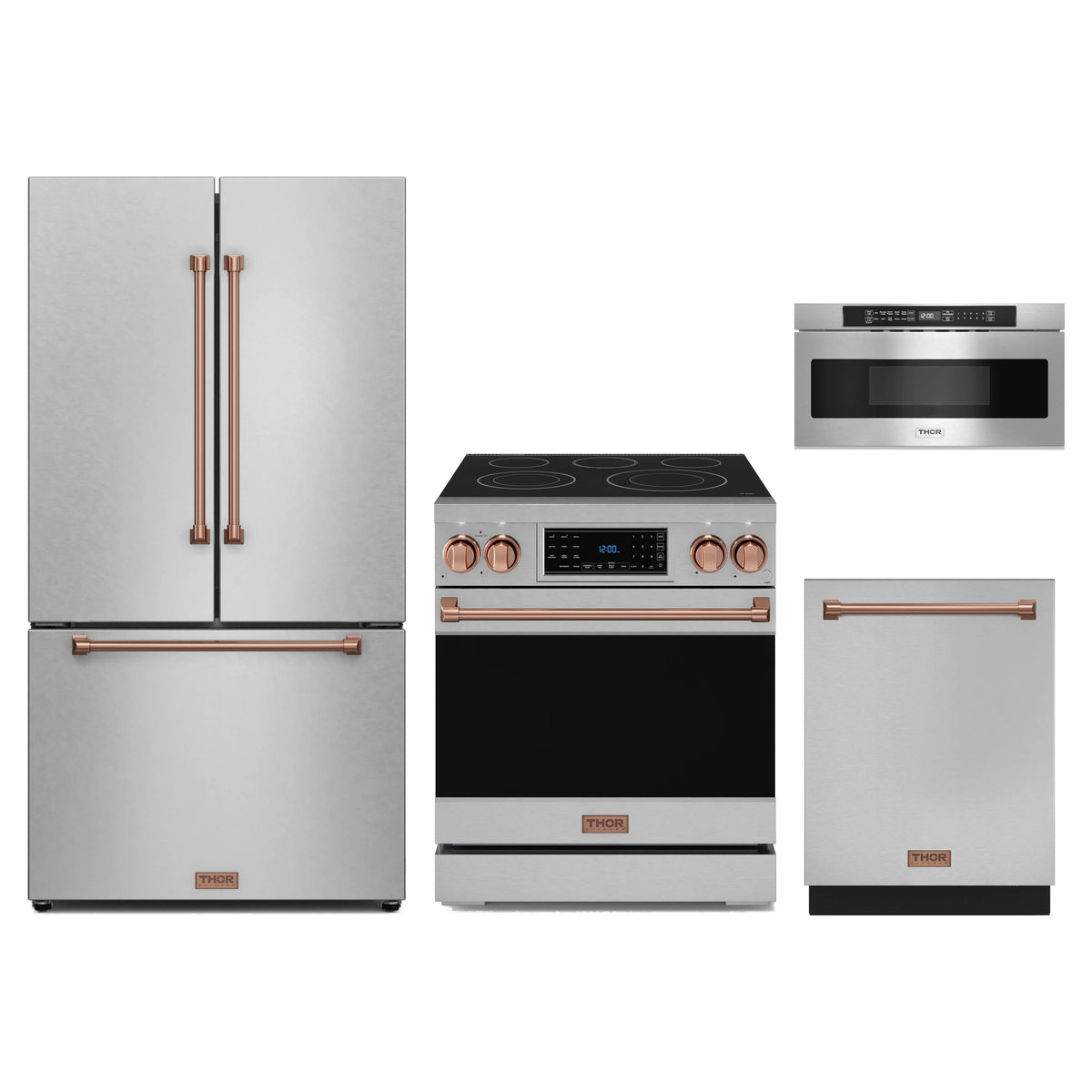 Gordon Ramsay by Thor Kitchen 4-Piece Appliance Package - 30-Inch Electric Range with Tilt Panel, Counter-Depth Refrigerator, Dishwasher, & Microwave Drawer in Stainless Steel with Rose Gold Trim