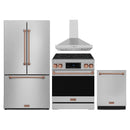 Gordon Ramsay by Thor Kitchen 4-Piece Appliance Package -  30-Inch Electric Range,  Wall Mount Range Hood, 36-Inch French Door Refrigerator, and Dishwasher in Stainless Steel with Rose Gold Trim