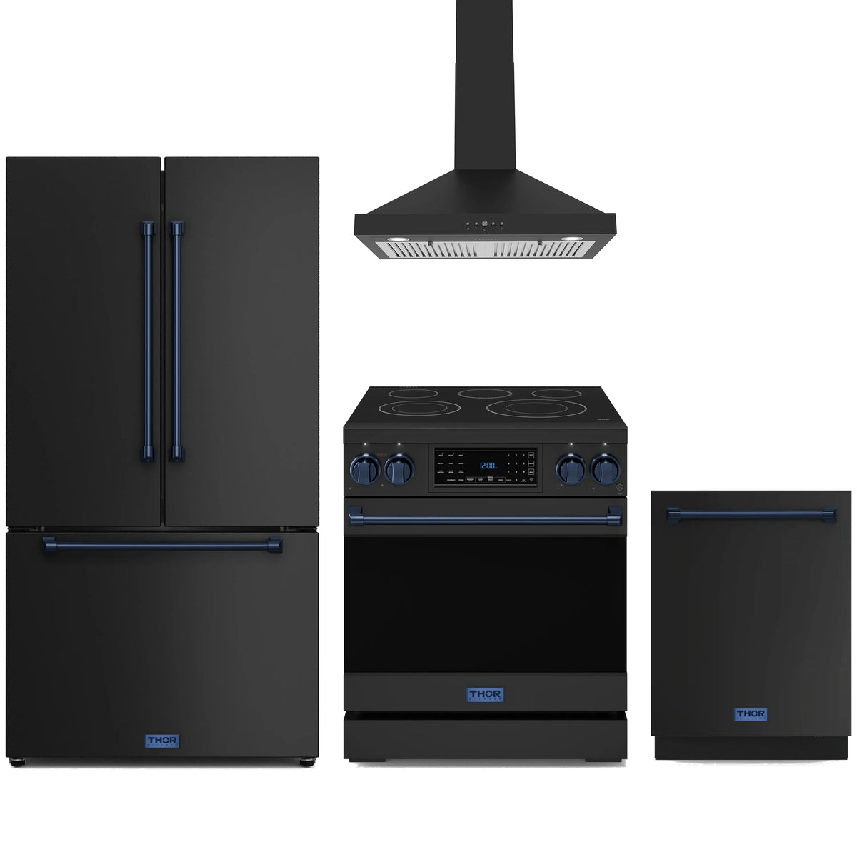 Black appliance package with blue trim: range, hood, refrigerator, dishwasher.