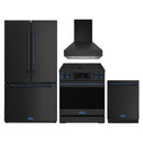 Gordon Ramsay by Thor Kitchen 4-Piece Appliance Package -  30-Inch Electric Range,  Wall Mount Range Hood, 36-Inch French Door Refrigerator, and Dishwasher in Black with Blue Trim
