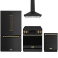 Gordon Ramsay by Thor Kitchen 4-Piece Appliance Package -  30-Inch Electric Range,  Wall Mount Range Hood, 36-Inch French Door Refrigerator, and Dishwasher in Matte Black with Bronze Trim