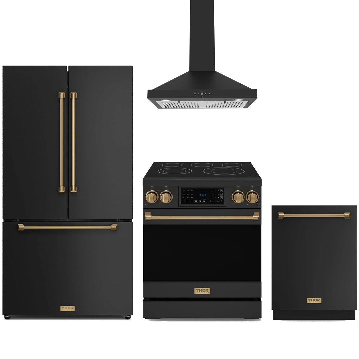 Black appliance bundle with bronze trim: range hood, electric range, fridge, dishwasher