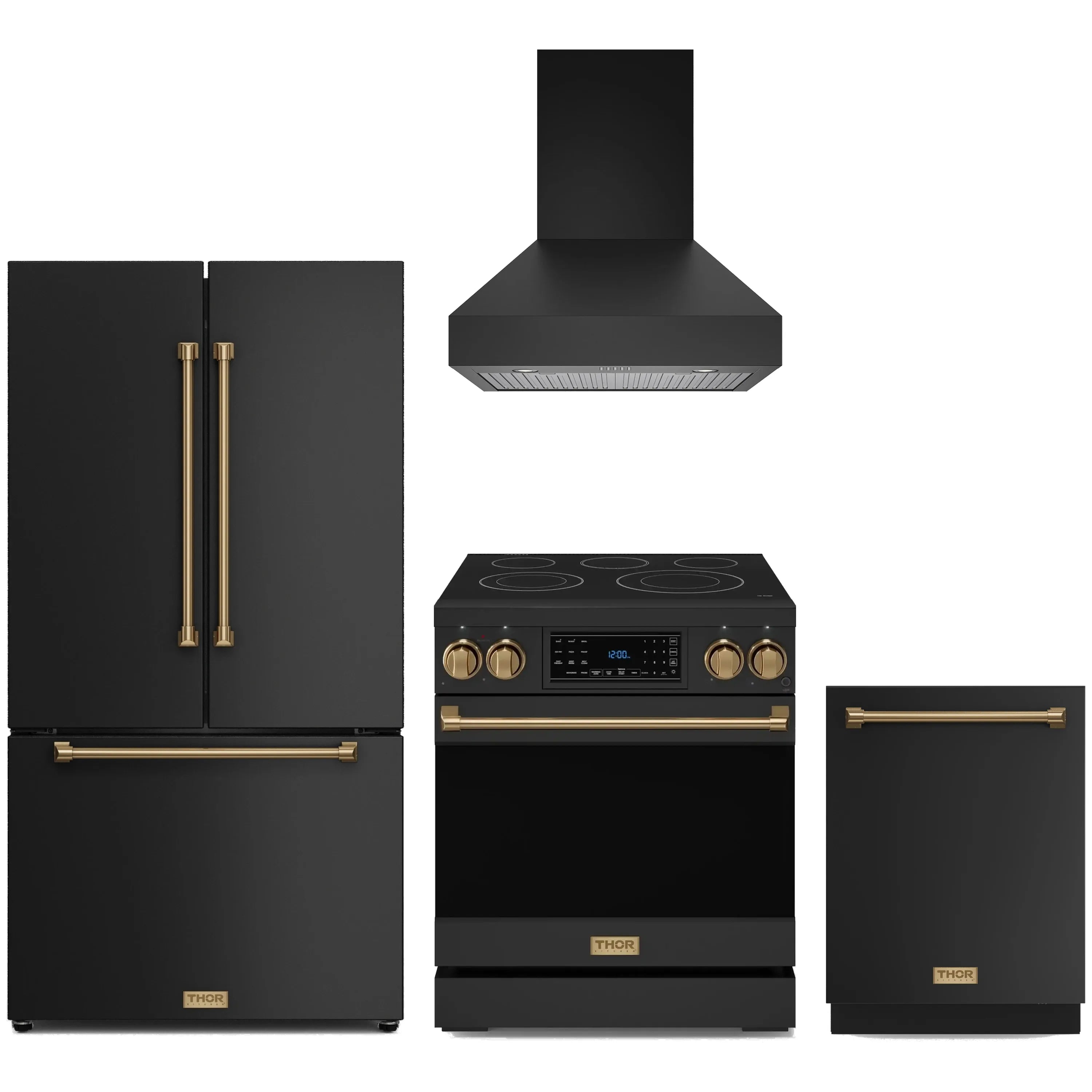 Black appliance bundle with bronze trim: range hood, electric range, fridge, dishwasher