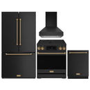 Gordon Ramsay by Thor Kitchen 4-Piece Appliance Package -  30-Inch Electric Range,  Wall Mount Range Hood, 36-Inch French Door Refrigerator, and Dishwasher in Black with Bronze Trim