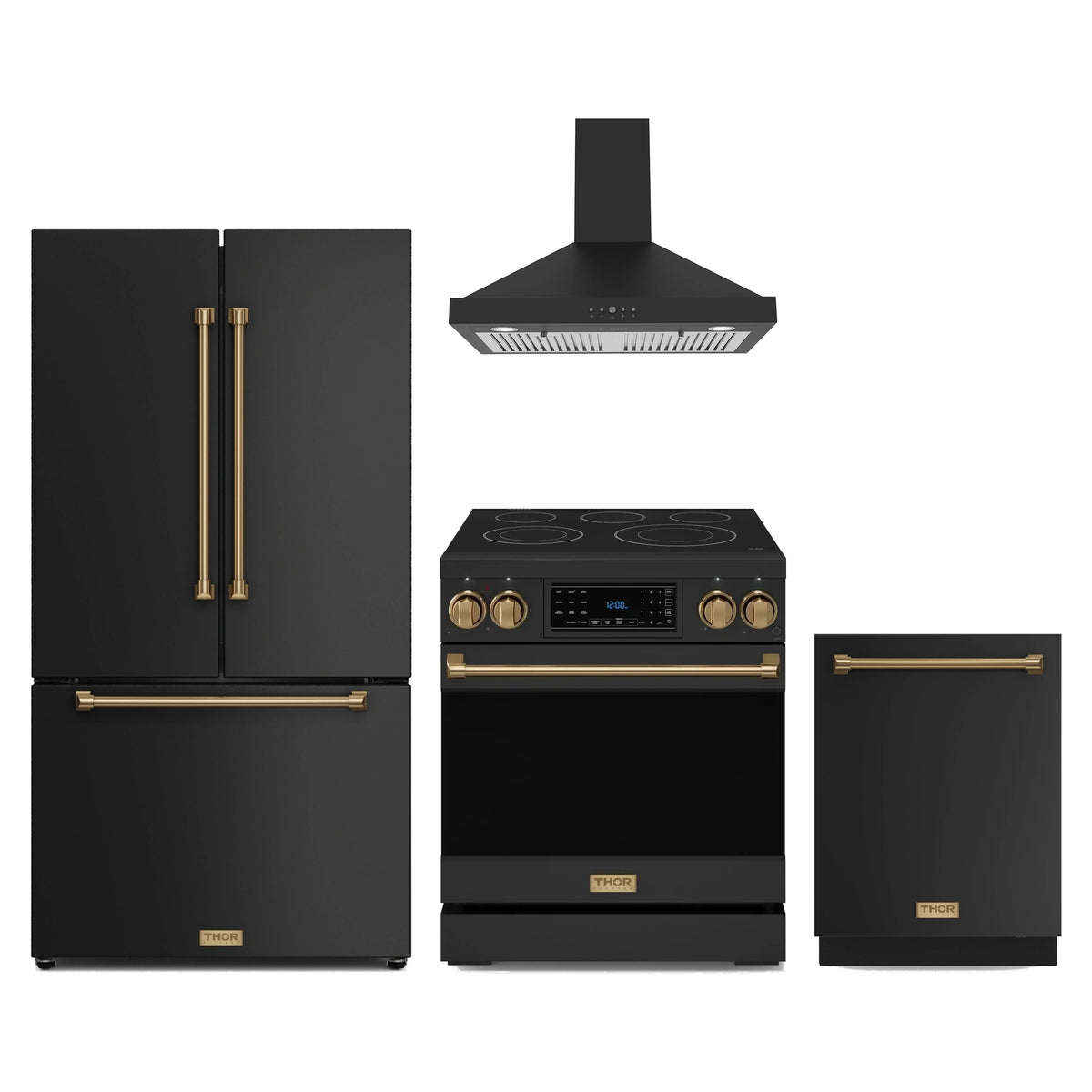Gordon Ramsay by Thor Kitchen 4-Piece Appliance Package -  30-Inch Electric Range,  Wall Mount Range Hood, 36-Inch French Door Refrigerator, and Dishwasher in Matte Black with Bronze Trim