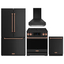 Gordon Ramsay by Thor Kitchen 4-Piece Appliance Package -  30-Inch Electric Range,  Wall Mount Range Hood, 36-Inch French Door Refrigerator, and Dishwasher in Black with Rose Gold Trim