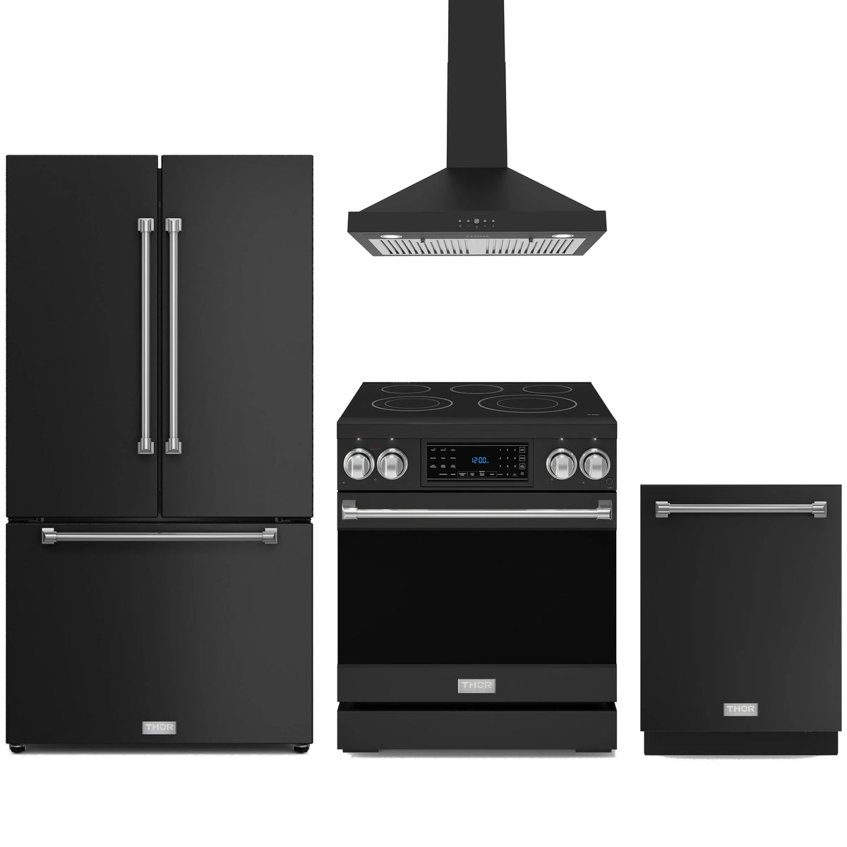 Black kitchen appliance package with stainless trim: wall hood, electric range, fridge, dishwasher