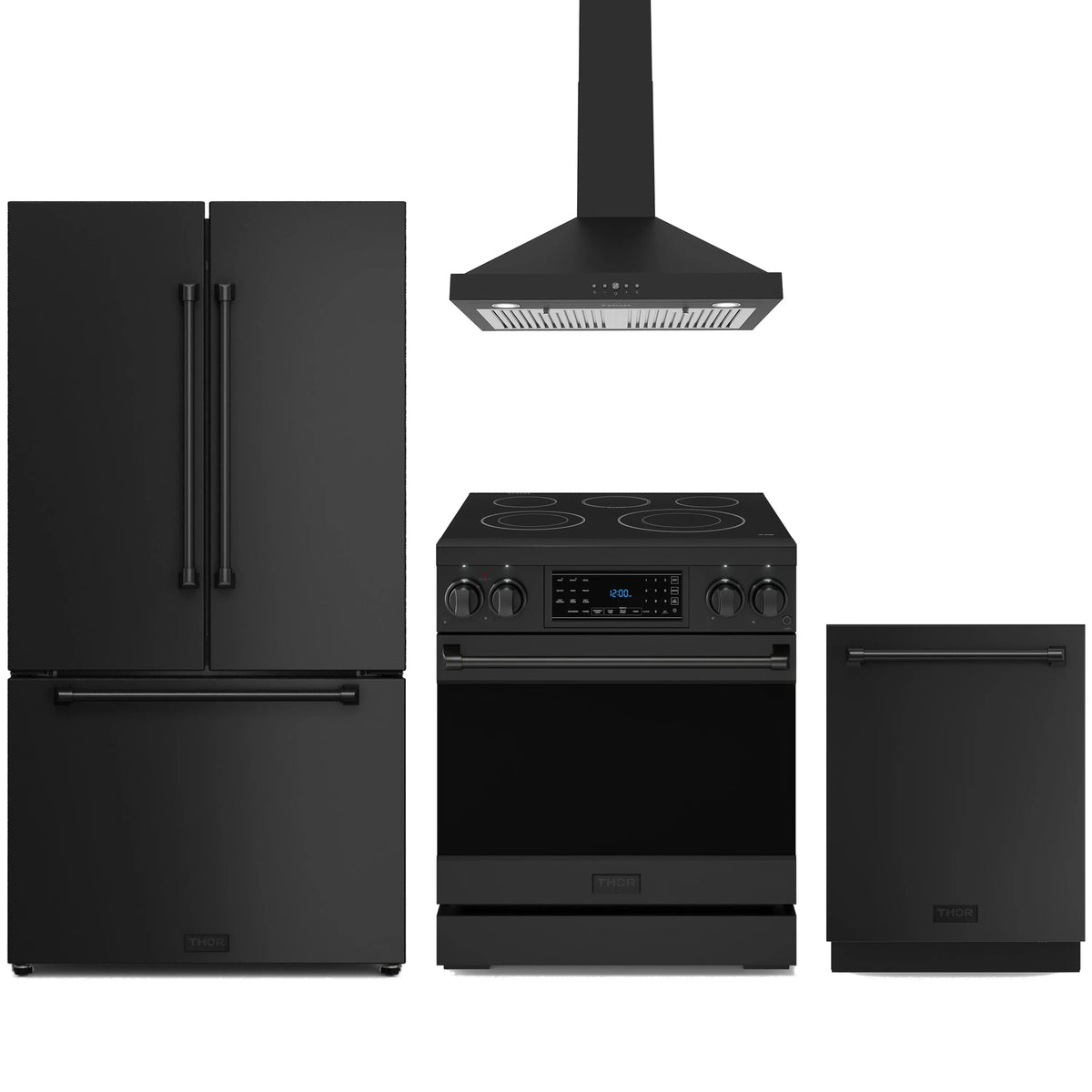 Black appliance package with double-door refrigerator, electric range, wall hood, dishwasher
