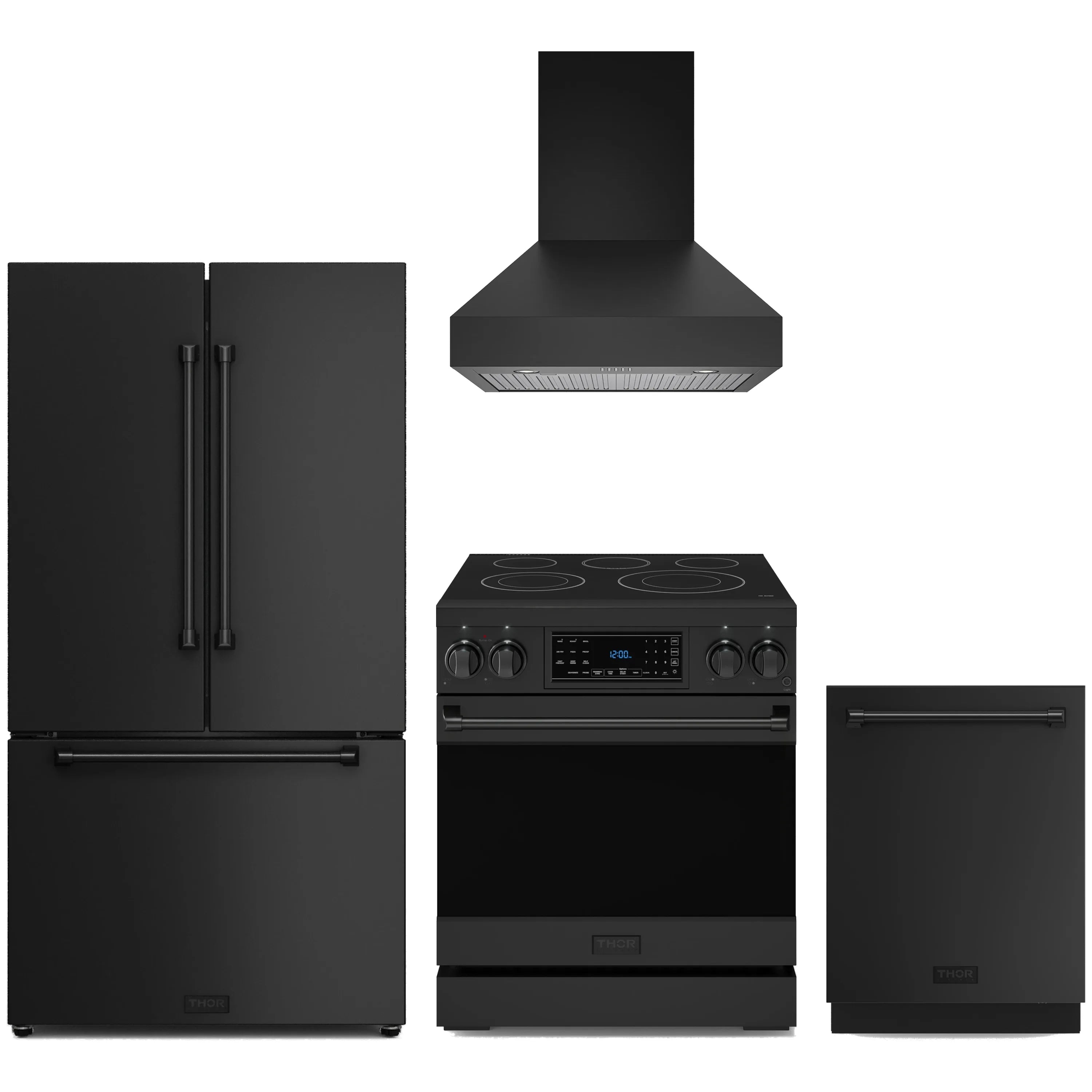 Black appliance package with double-door refrigerator, electric range, wall hood, dishwasher