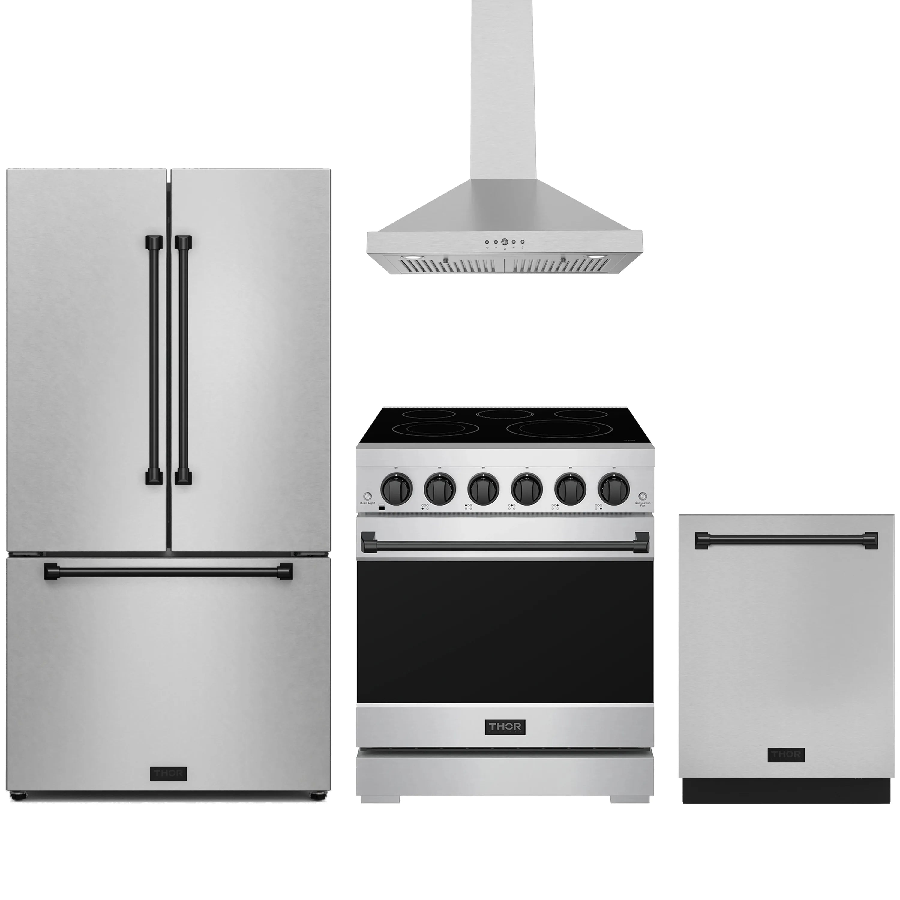 Stainless steel electric range with black glass cooktop, plus matching refrigerator and dishwasher