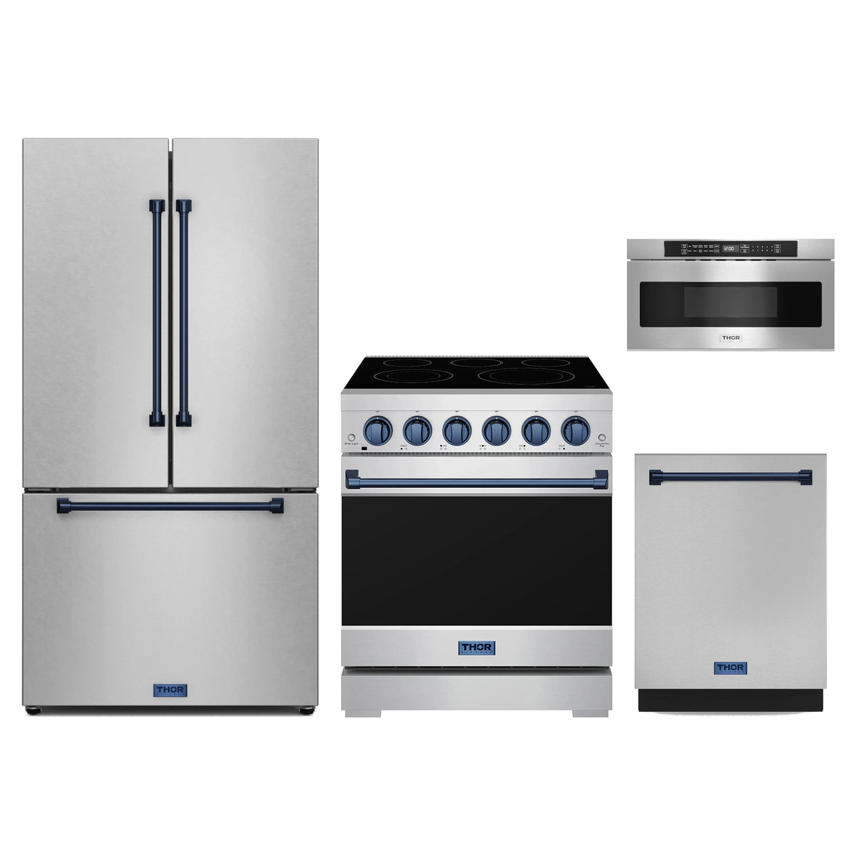 Gordon Ramsay by Thor Kitchen 4-Piece Appliance Package - 30-Inch Electric Range, Counter-Depth Refrigerator, Dishwasher, & Microwave Drawer in Stainless Steel with Blue Trim