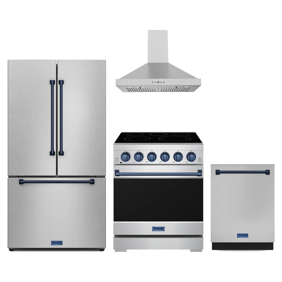 Gordon Ramsay by Thor Kitchen 4-Piece Appliance Package - 30-Inch Electric Range, Counter-Depth Refrigerator, Wall Mount Hood, & Dishwasher in Stainless Steel with Blue Trim