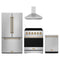 Gordon Ramsay by Thor Kitchen 4-Piece Appliance Package - 30-Inch Electric Range, Counter-Depth Refrigerator, Wall Mount Hood, & Dishwasher in Stainless Steel with Bronze Trim