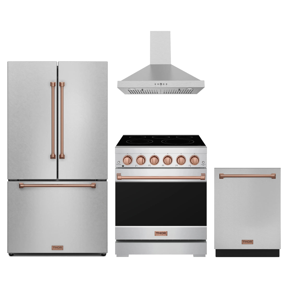 Gordon Ramsay by Thor Kitchen 4-Piece Appliance Package - 30-Inch Electric Range, Counter-Depth Refrigerator, Wall Mount Hood, & Dishwasher in Stainless Steel with Rose Gold Trim