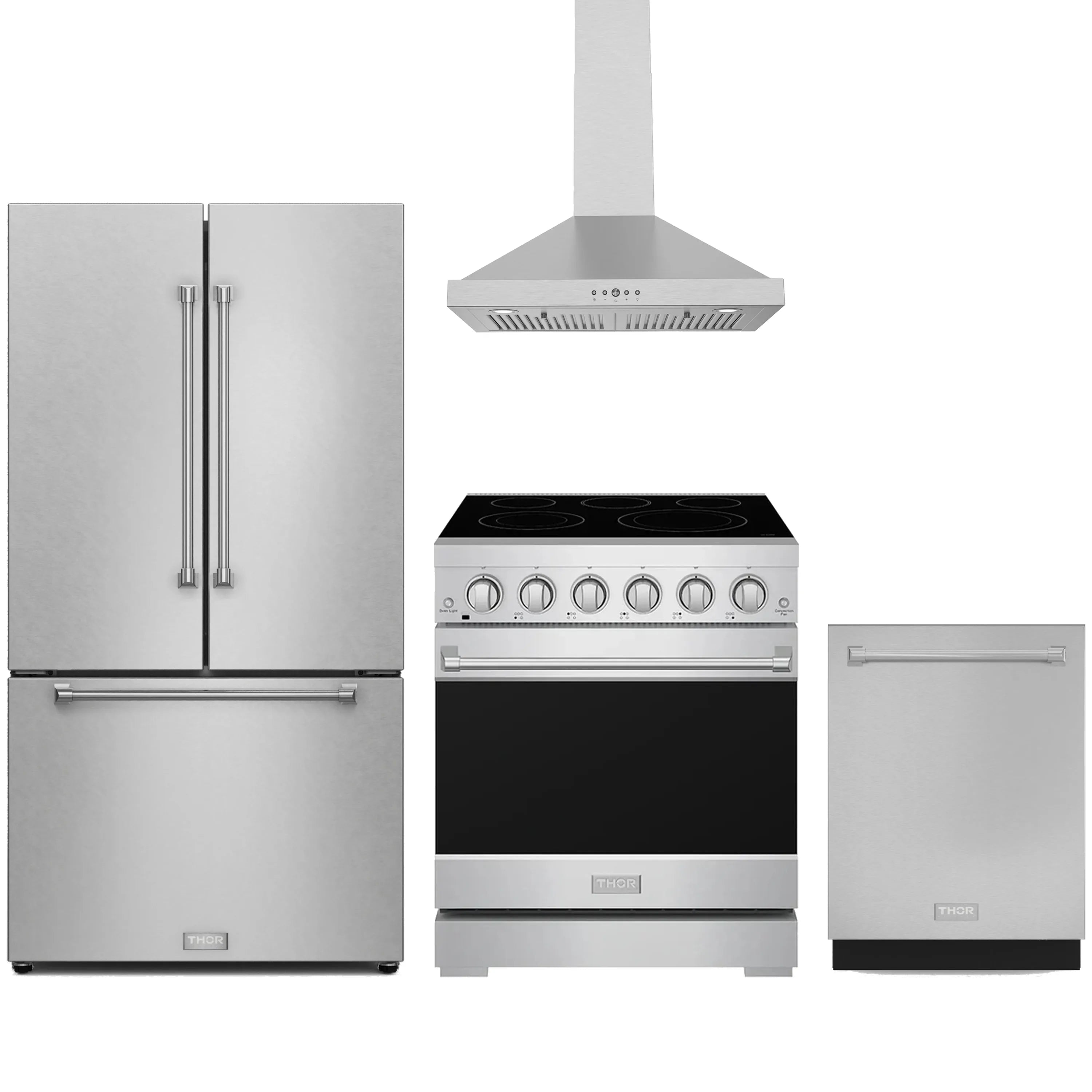 Stainless steel appliance package with refrigerator, electric range, hood, and dishwasher