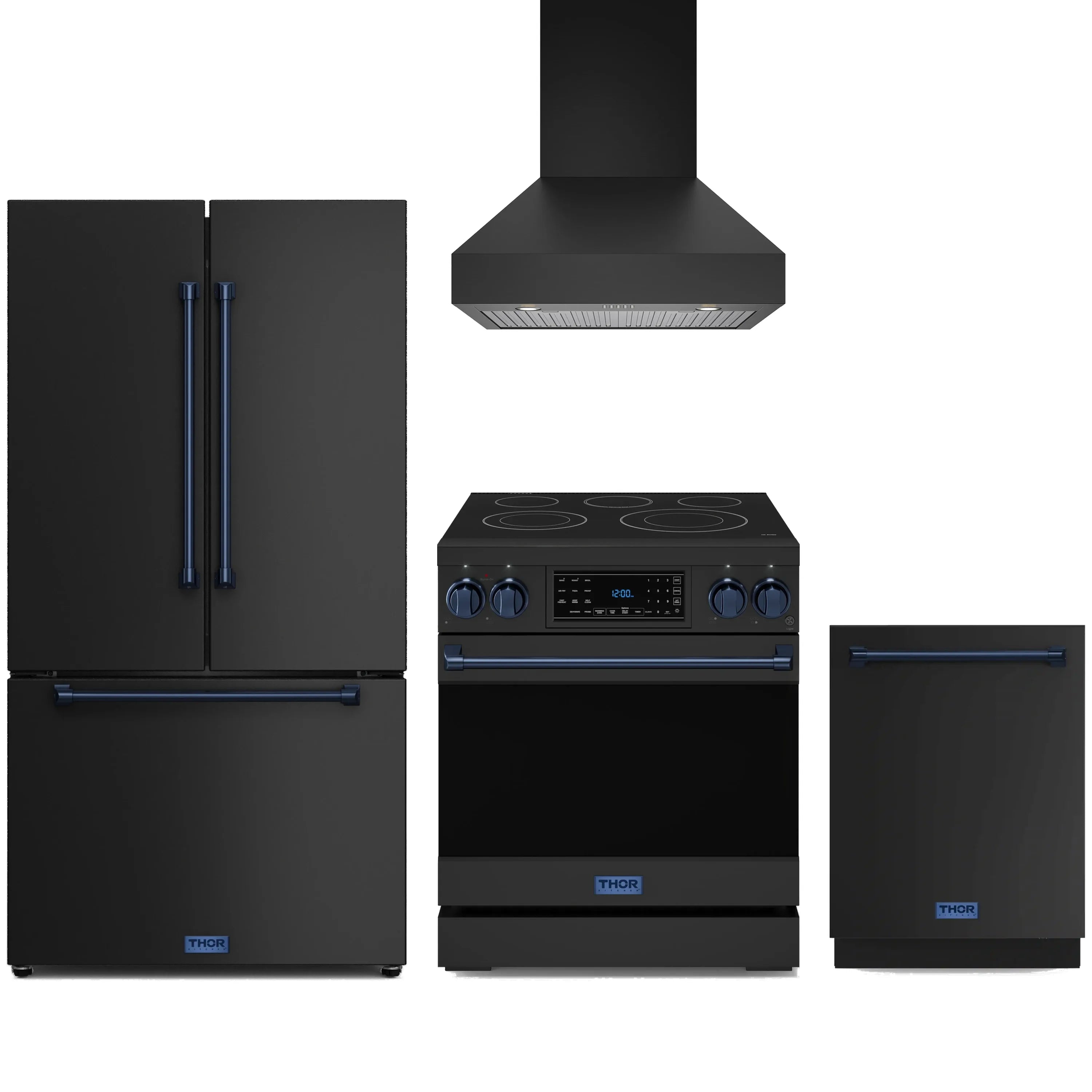Black kitchen appliance package with electric range and blue-accented appliances