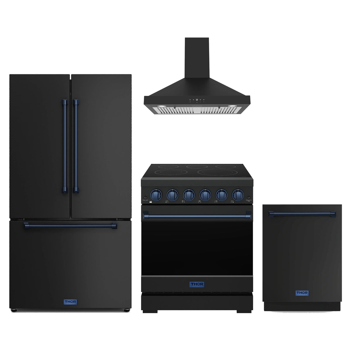 Gordon Ramsay by Thor Kitchen 4-Piece Appliance Package - 30-Inch Electric Range, Counter-Depth Refrigerator, Wall Mount Hood, & Dishwasher in Matte Black with Blue Trim