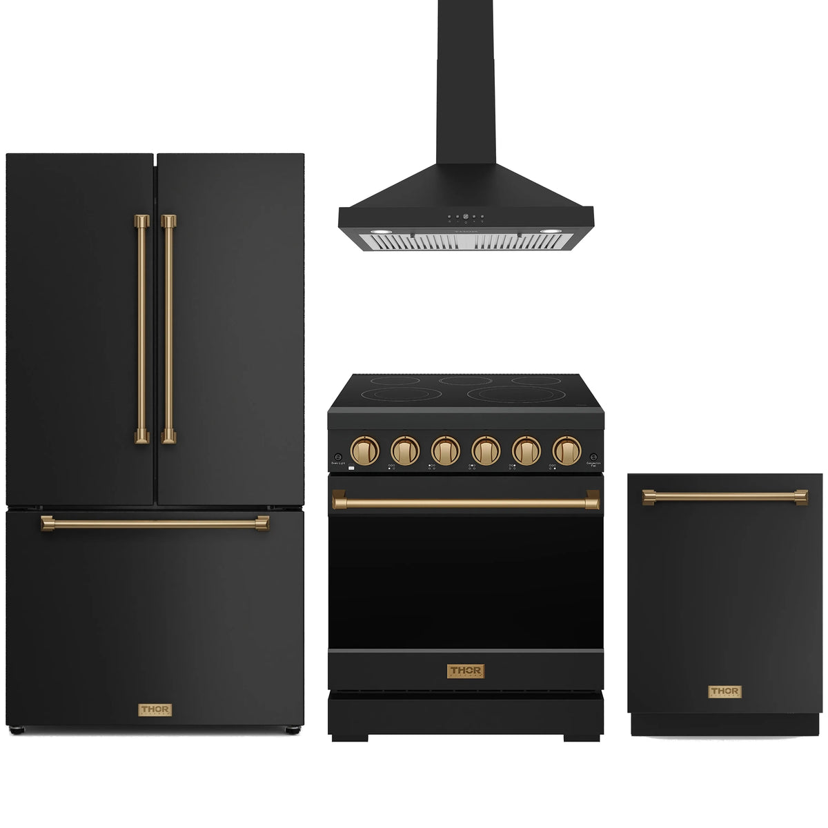 Black 4-piece appliance package with electric range, refrigerator, wall hood, and dishwasher