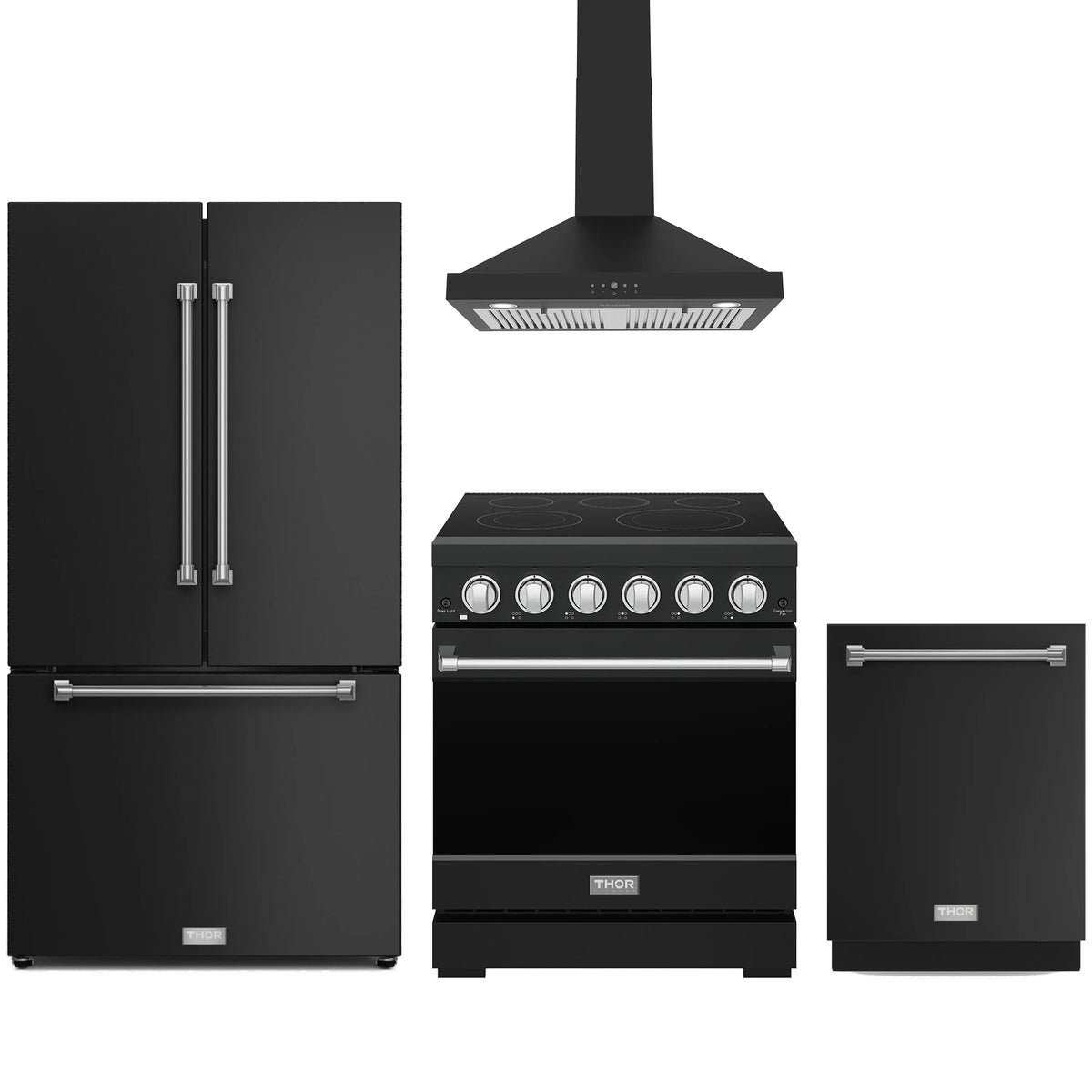Black appliance package with electric range, counter-depth refrigerator, dishwasher, and wall hood
