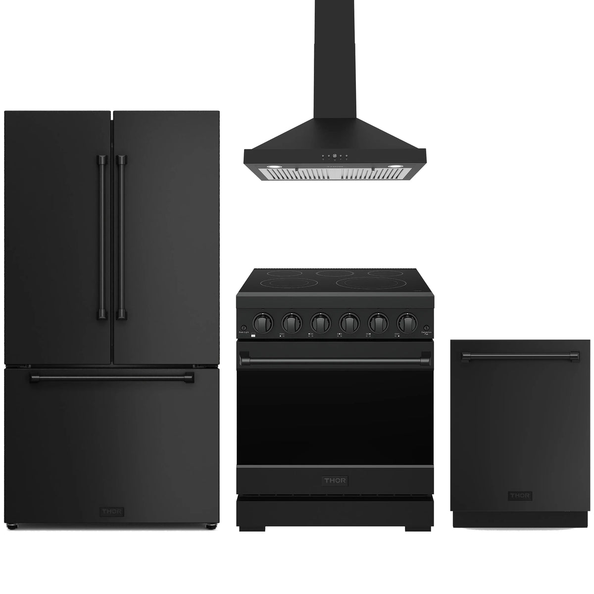 Black appliance set: refrigerator, electric range, dishwasher, and wall hood