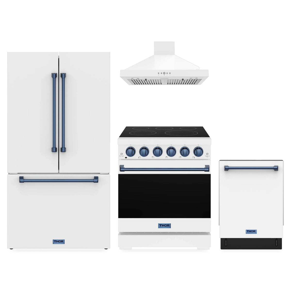 Gordon Ramsay by Thor Kitchen 4-Piece Appliance Package - 30-Inch Electric Range, Counter-Depth Refrigerator, Wall Mount Hood, & Dishwasher in White with Blue Trim