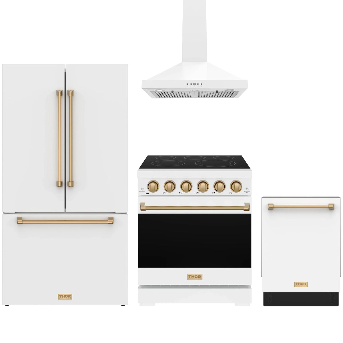 White Gordon Ramsay by Thor Kitchen appliance package with 30-inch electric range, wall mount range hood, counter-depth refrigerator, dishwasher
