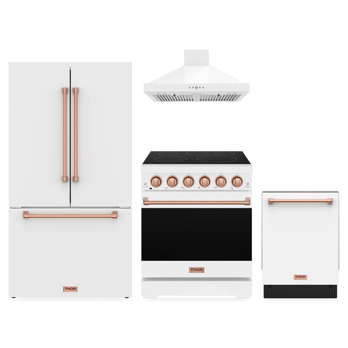 Gordon Ramsay by Thor Kitchen 4-Piece Appliance Package - 30-Inch Electric Range, Counter-Depth Refrigerator, Wall Mount Hood, & Dishwasher in White with Rose Gold Trim