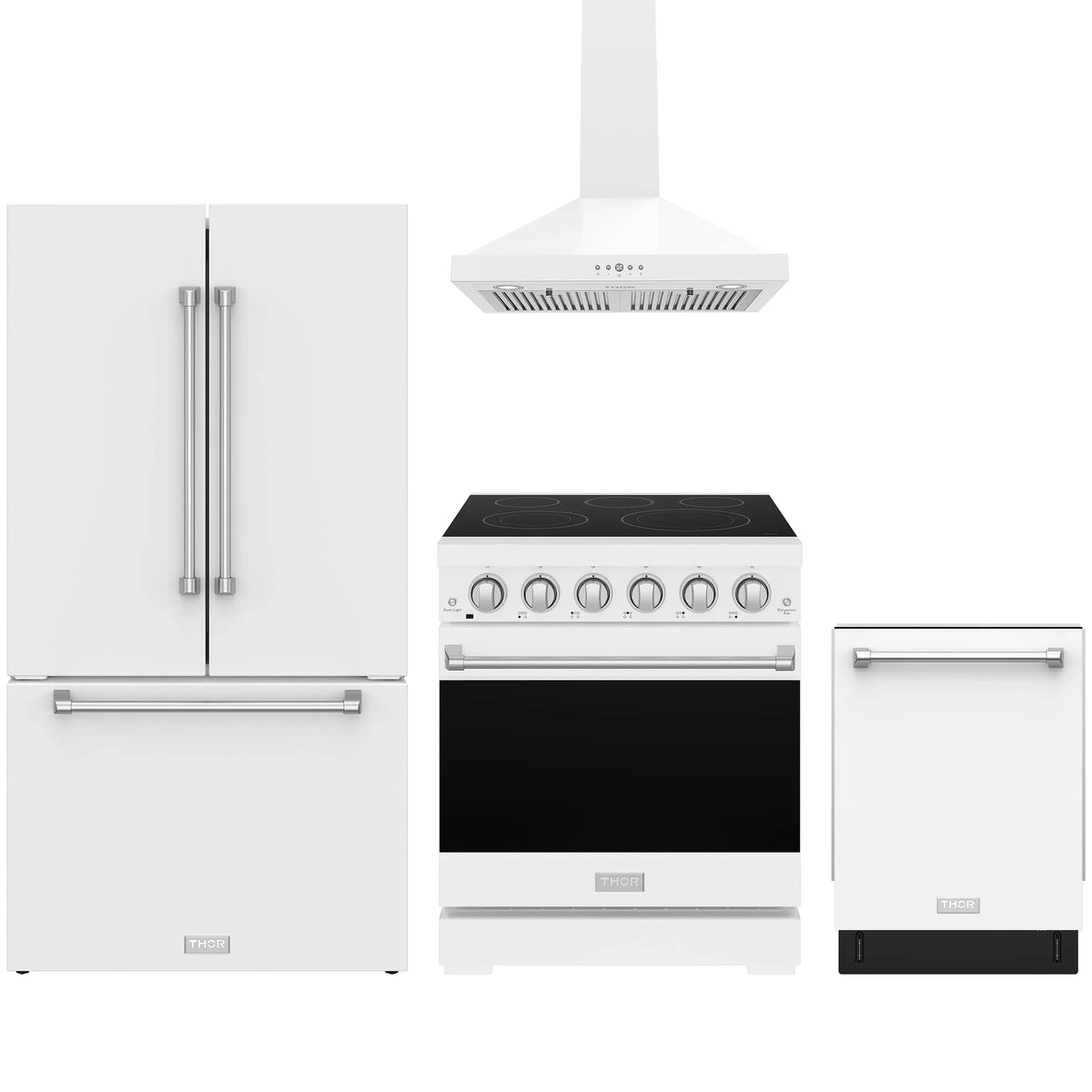 White Gordon Ramsay by Thor Kitchen appliance package with 30-inch electric range, wall mount range hood, French door refrigerator, dishwasher