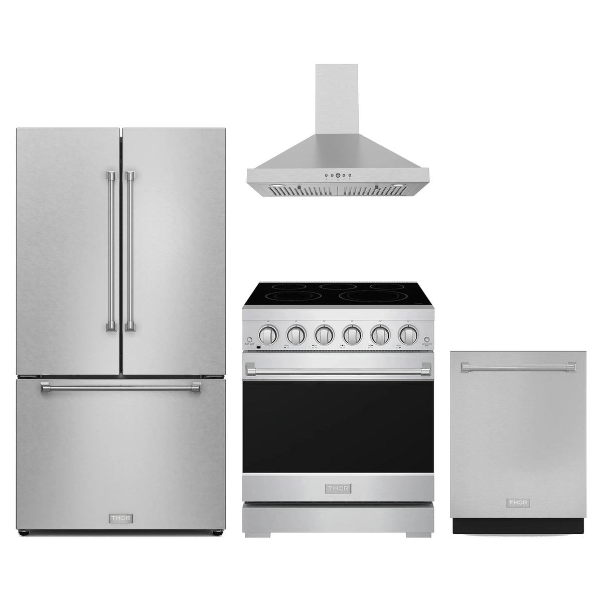 Gordon Ramsay by Thor Kitchen 4-Piece Appliance Package - 30-Inch Electric Range, Counter-Depth Refrigerator, Wall Mount Hood, & Dishwasher in Stainless Steel