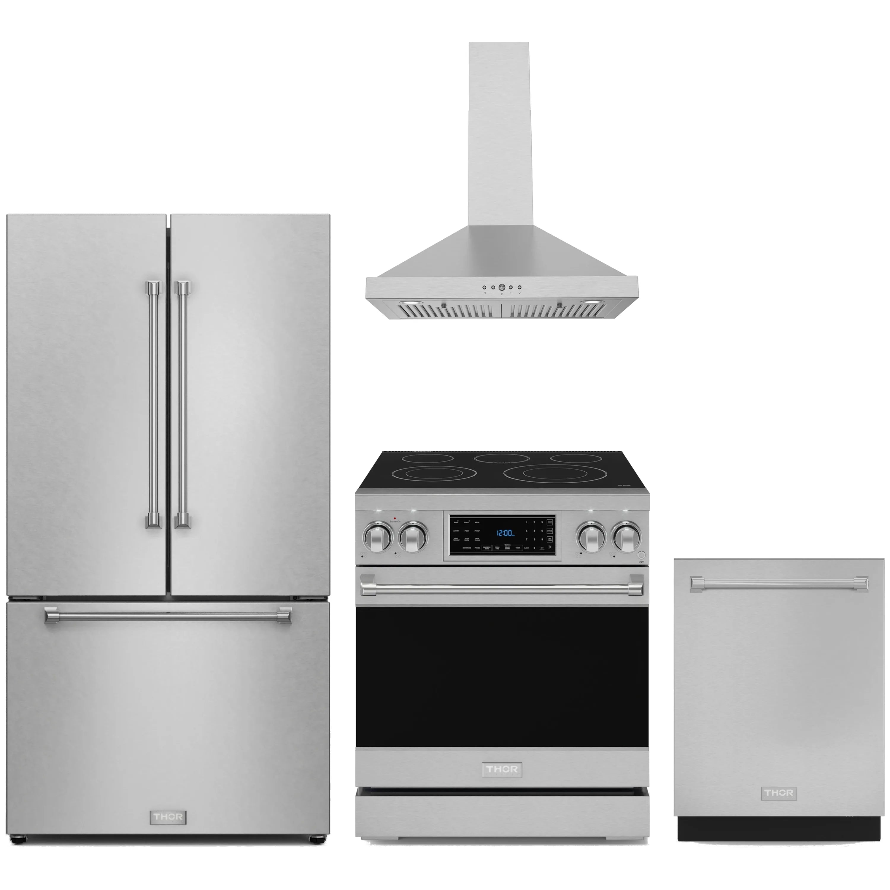 Stainless steel 4-piece kitchen appliance package: French door fridge, range, hood, dishwasher