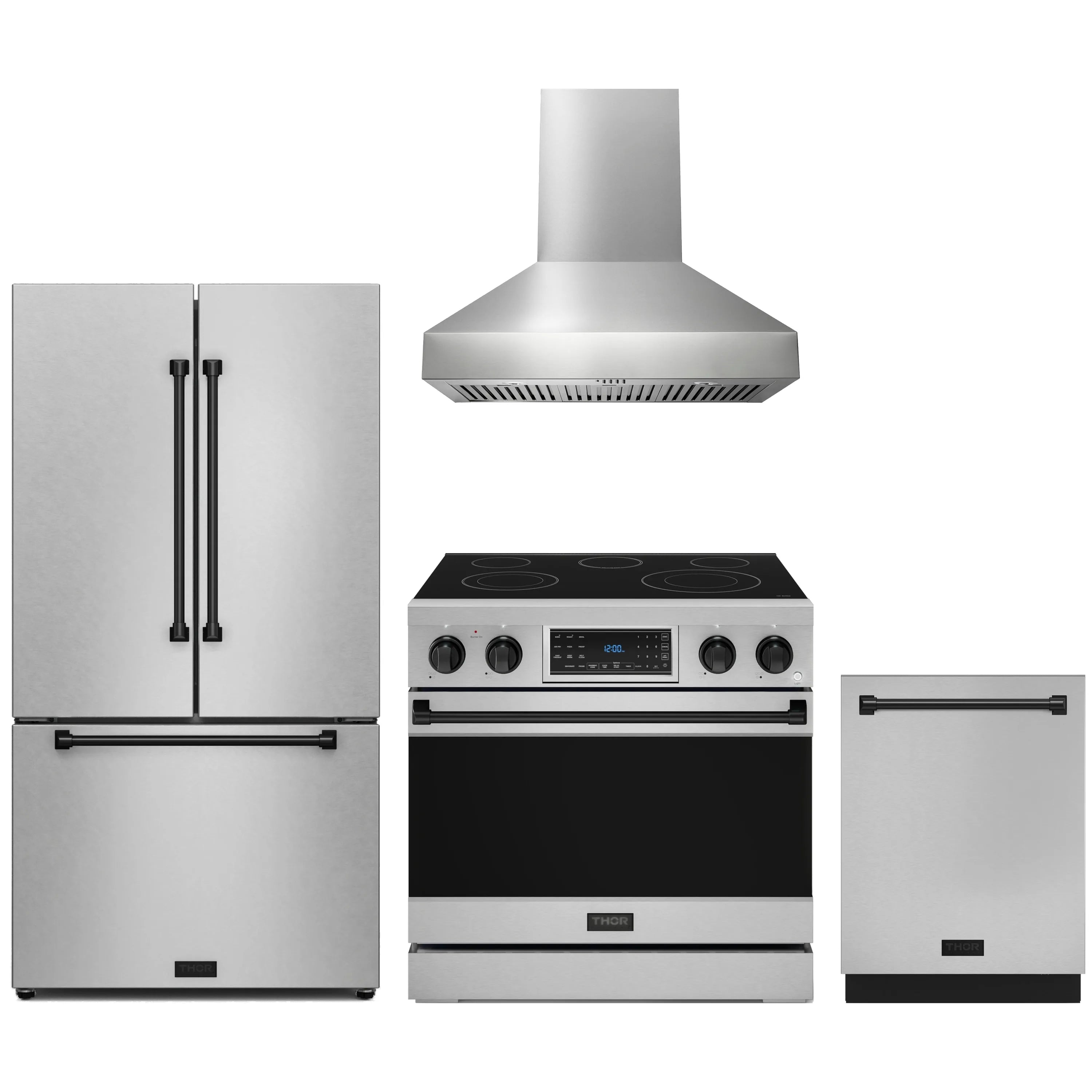Stainless appliance package with electric range, wall hood, French door refrigerator, dishwasher