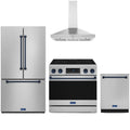 Gordon Ramsay by Thor Kitchen 4-Piece Appliance Package -  36-Inch Electric Range, Wall Mount Range Hood, 36-Inch French Door Refrigerator, and Dishwasher in Stainless Steel with Blue Trim