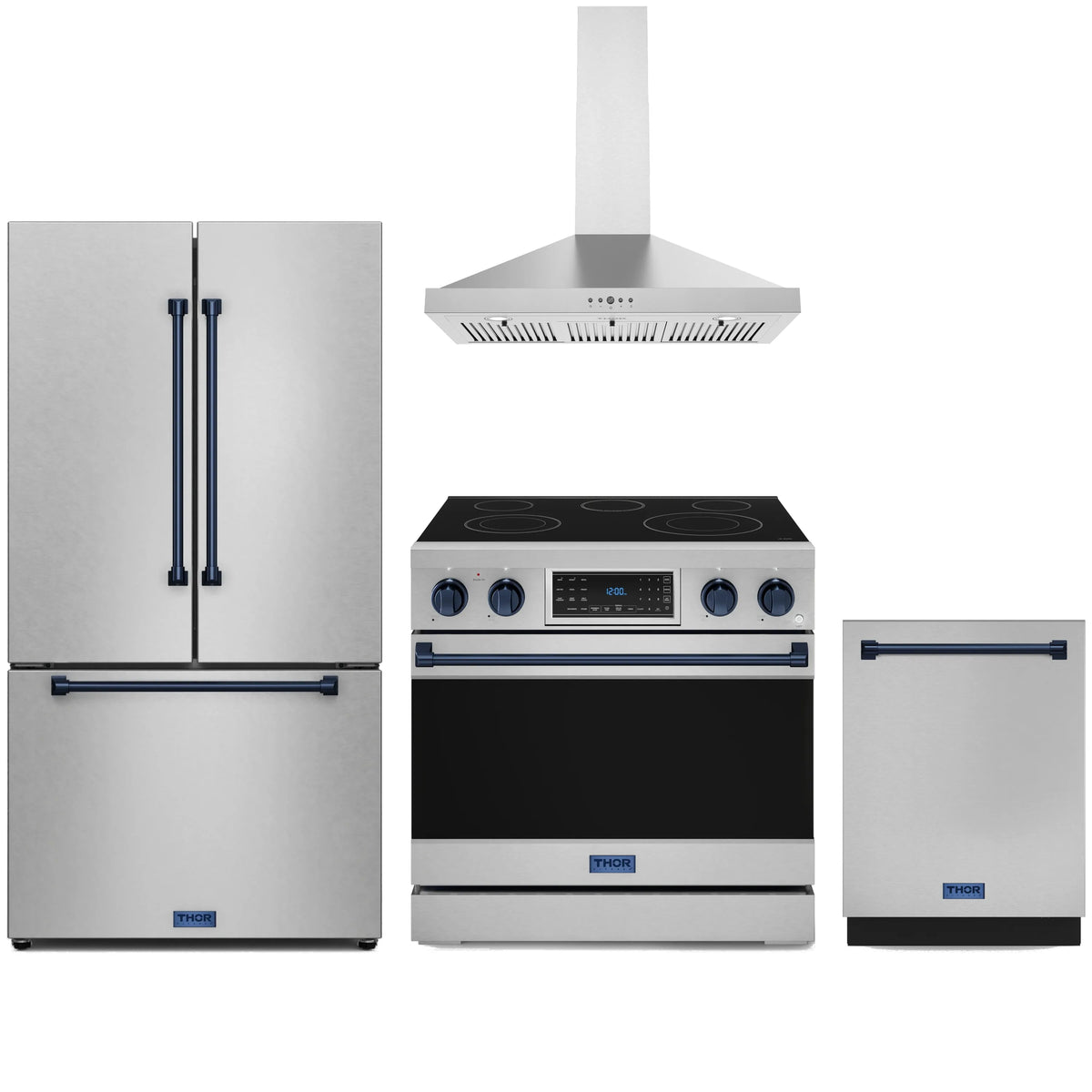 4-piece stainless steel appliance package with blue accents: fridge, range, hood, dishwasher