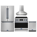 Gordon Ramsay by Thor Kitchen 4-Piece Appliance Package -  36-Inch Electric Range, Wall Mount Range Hood, 36-Inch French Door Refrigerator, and Dishwasher in Stainless Steel with Blue Trim