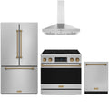 Gordon Ramsay by Thor Kitchen 4-Piece Appliance Package -  36-Inch Electric Range, Wall Mount Range Hood, 36-Inch French Door Refrigerator, and Dishwasher in Stainless Steel with Bronze Trim