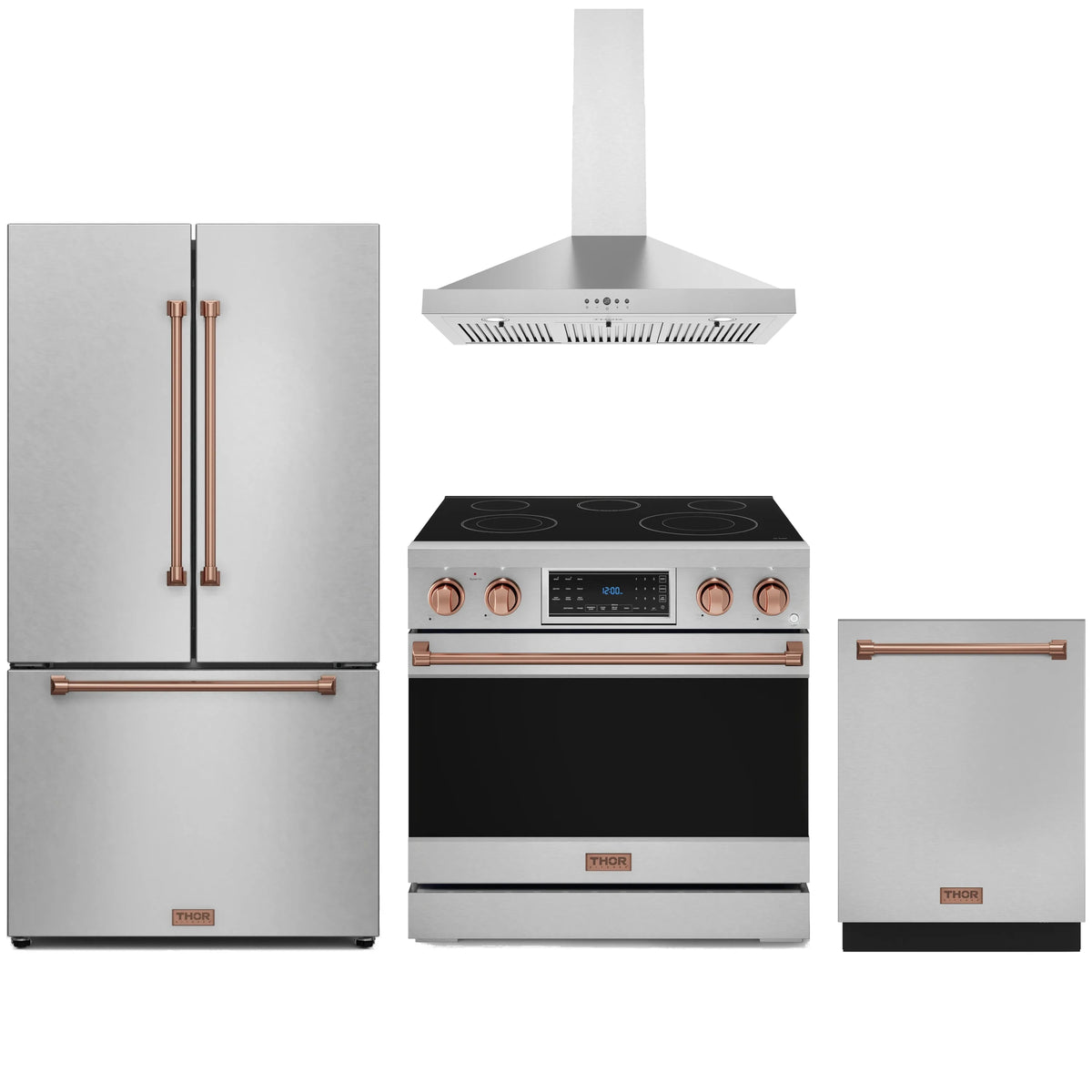 Stainless steel appliance package with rose gold accents: range, hood, fridge, dishwasher