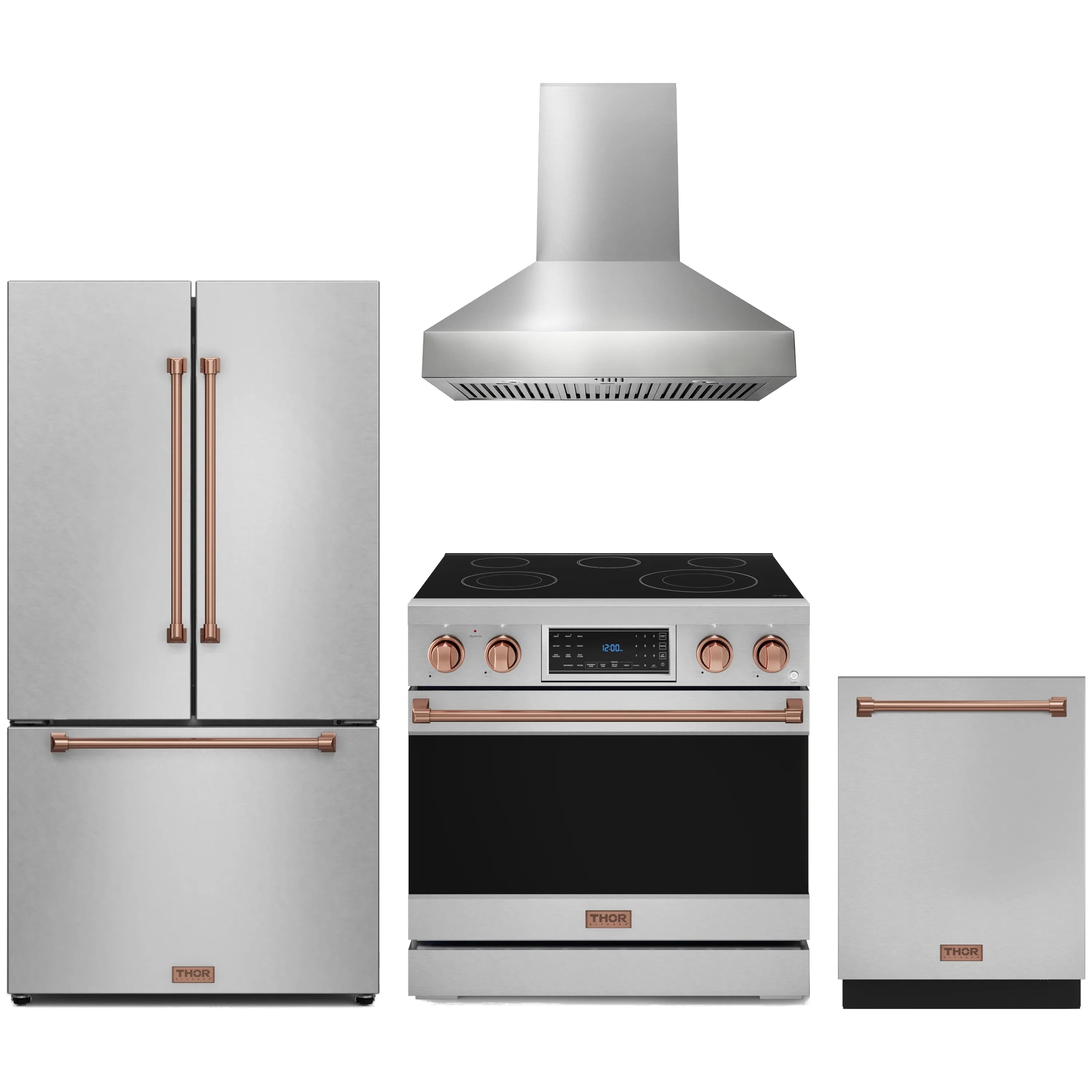 Stainless steel appliance package with rose gold accents: range, hood, fridge, dishwasher