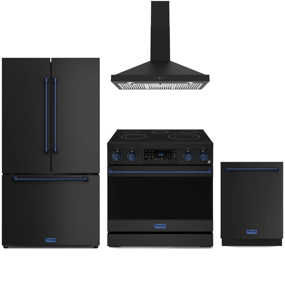 Black kitchen appliance set with blue trim: range hood, electric range, refrigerator, dishwasher