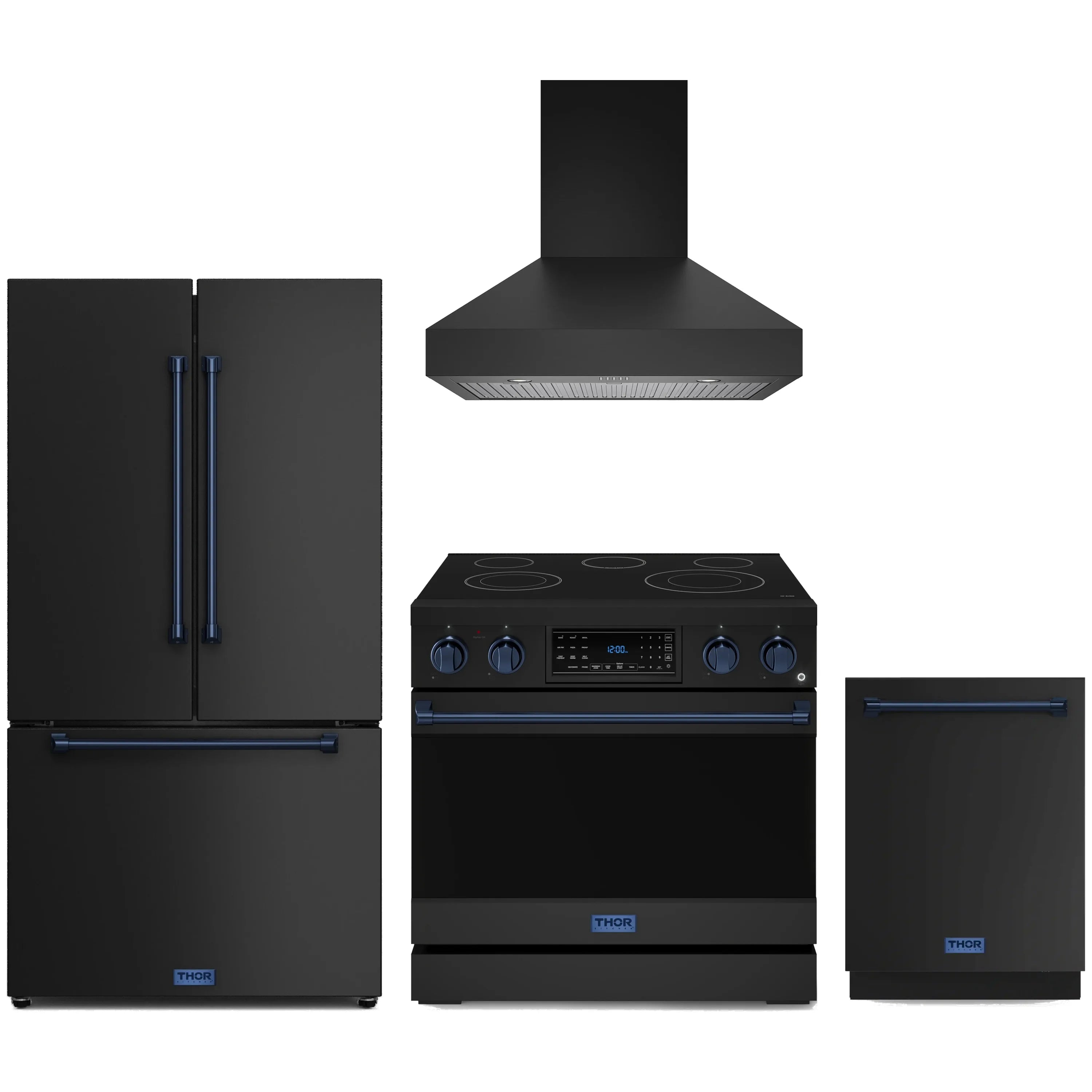 Black kitchen appliance set with blue trim: range hood, electric range, refrigerator, dishwasher
