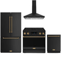 Gordon Ramsay by Thor Kitchen 4-Piece Appliance Package -  36-Inch Electric Range, Wall Mount Range Hood, 36-Inch French Door Refrigerator, and Dishwasher in Matte Black with Bronze Trim