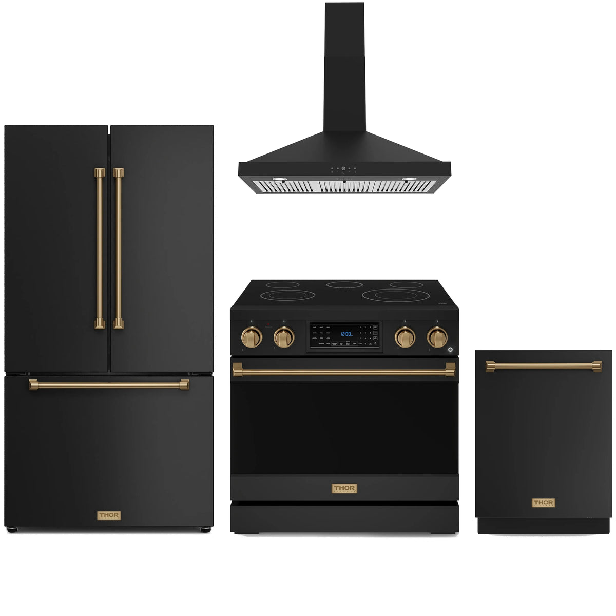 Black kitchen appliance package with bronze trim: wall hood, electric range, fridge, dishwasher