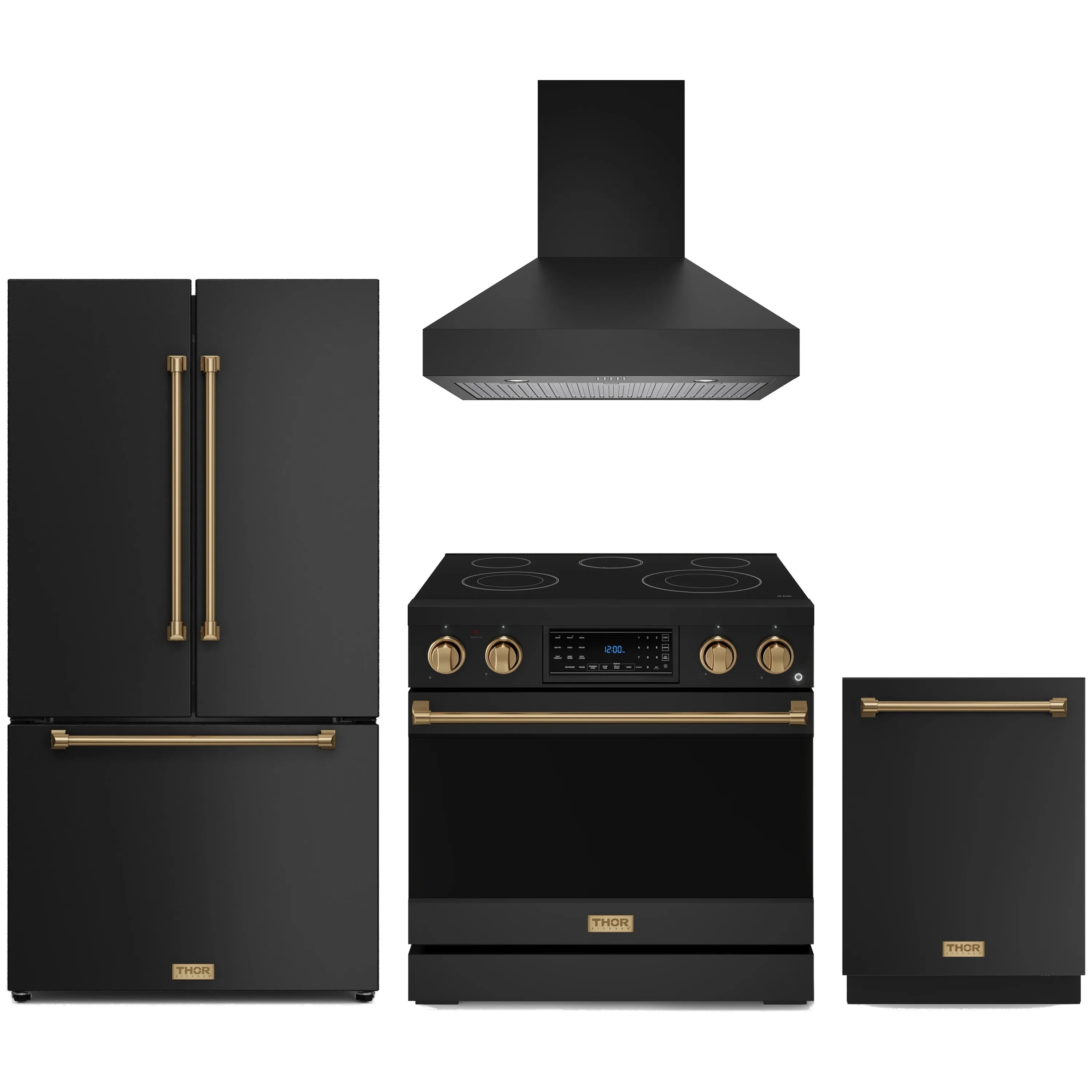 Black kitchen appliance package with bronze trim: wall hood, electric range, fridge, dishwasher