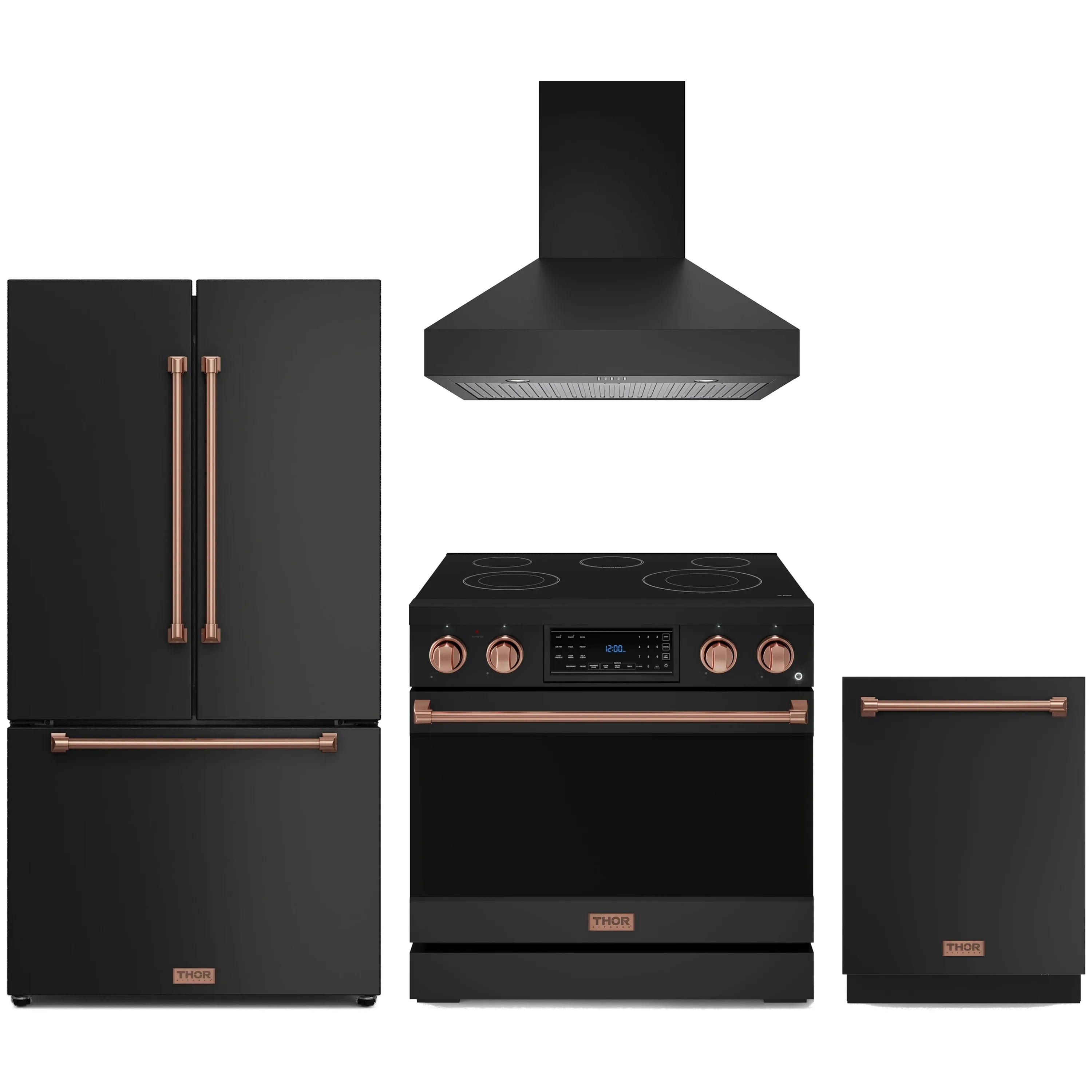 Black kitchen appliance package with rose gold trim: fridge, range, hood, dishwasher.