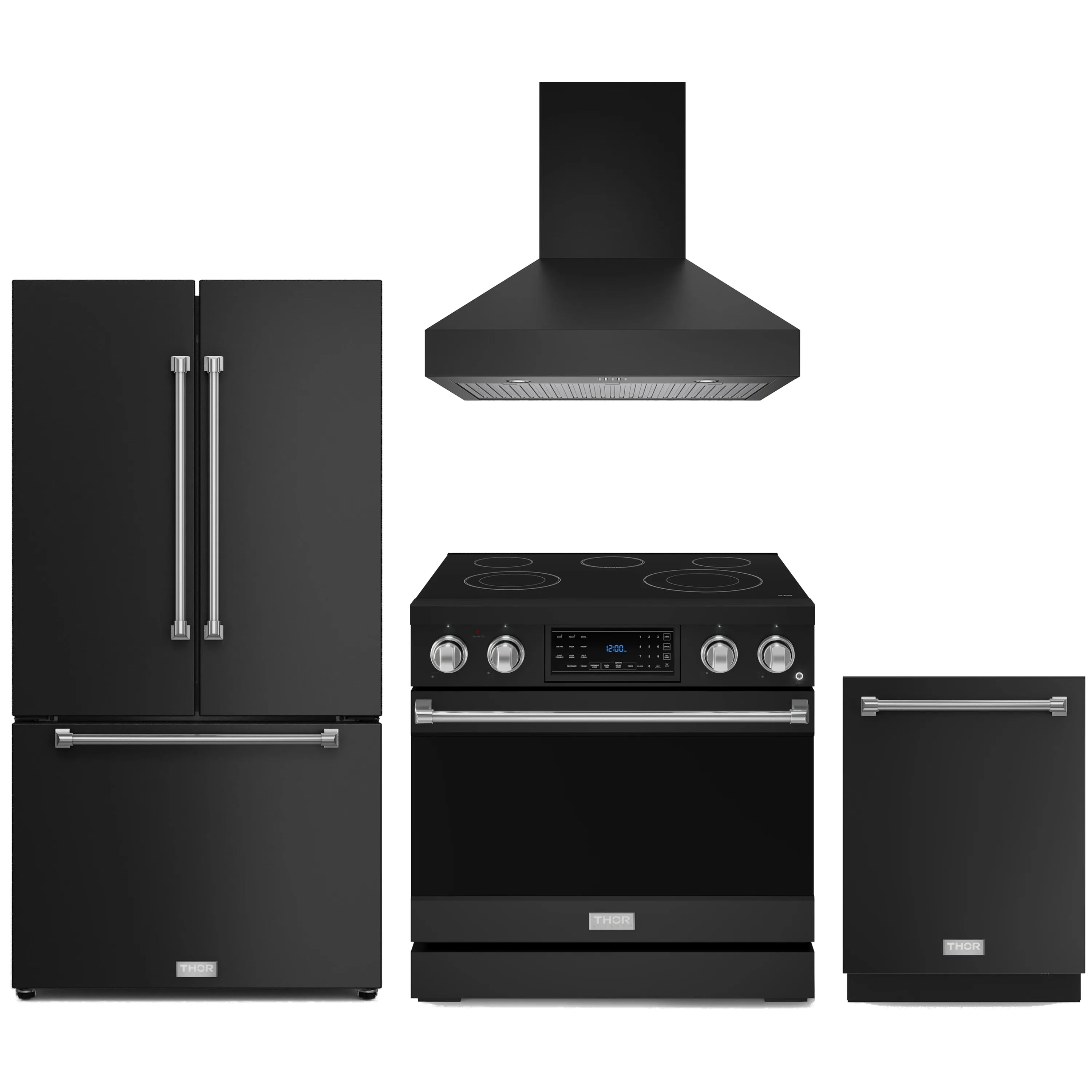 Black appliance package with bronze trim: range hood, electric range, fridge and dishwasher